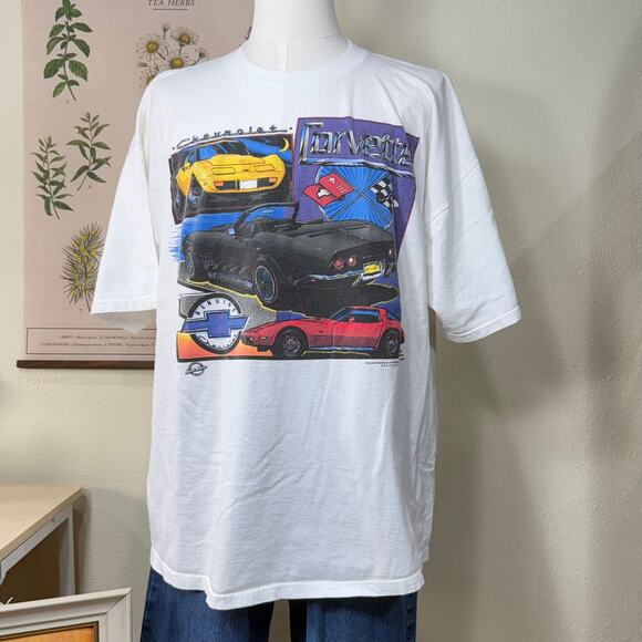 Vintage 90s Chevrolet Chevy Corvette Retro Ralph White Graphic T-Shirt Tee 2XL - Picture 1 of 8